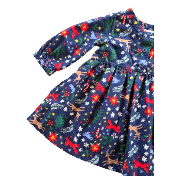 Hanna Andersson Flannel Christmas Dress 6-12 Months Reindeer Poinsettia Holiday - Picture 2 of 8